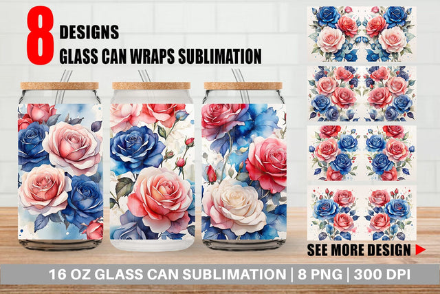 Glass Can Wrap Watercolor Roses Patriotic Sublimation artnoy 