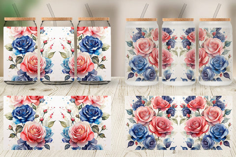 Glass Can Wrap Watercolor Roses Patriotic Sublimation artnoy 