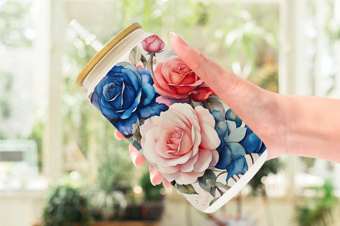 Glass Can Wrap Watercolor Roses Patriotic Sublimation artnoy 