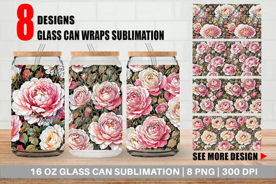 Glass Can Wrap Watercolor Roses Pattern Sublimation artnoy 