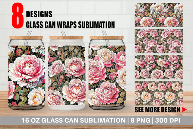 Glass Can Wrap Watercolor Roses Pattern Sublimation artnoy 