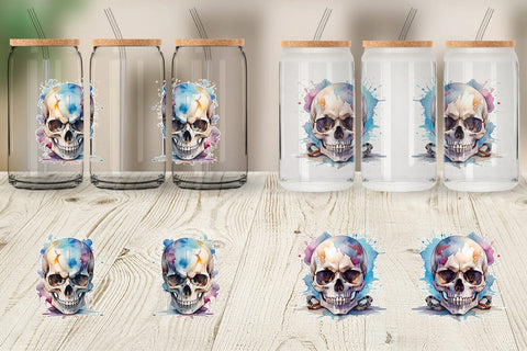 Glass Can Wrap Watercolor Skull Sublimation artnoy 