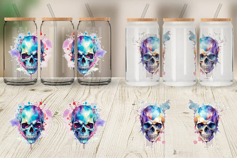 Glass Can Wrap Watercolor Skull Sublimation artnoy 