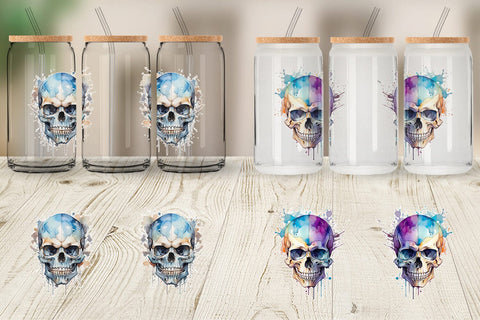 Glass Can Wrap Watercolor Skull Sublimation artnoy 