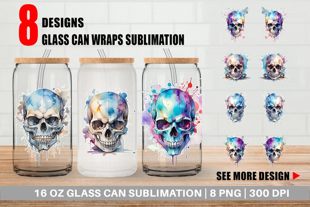 Glass Can Wrap Watercolor Skull Sublimation artnoy 