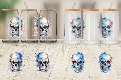Glass Can Wrap Watercolor Skull Sublimation artnoy 