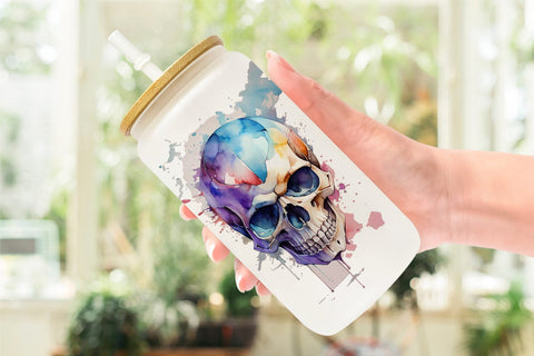 Glass Can Wrap Watercolor Skull Sublimation artnoy 