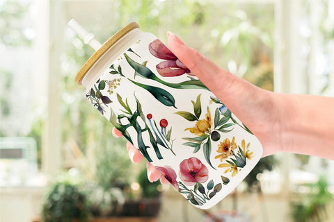 Glass Can Wrap Watercolor Spring Floral Sublimation artnoy 