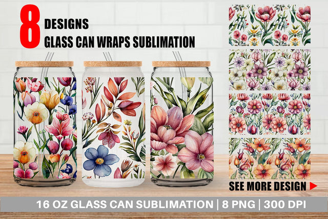 Glass Can Wrap Watercolor Spring Floral Sublimation artnoy 