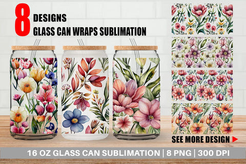 Glass Can Wrap Watercolor Spring Floral Sublimation artnoy 
