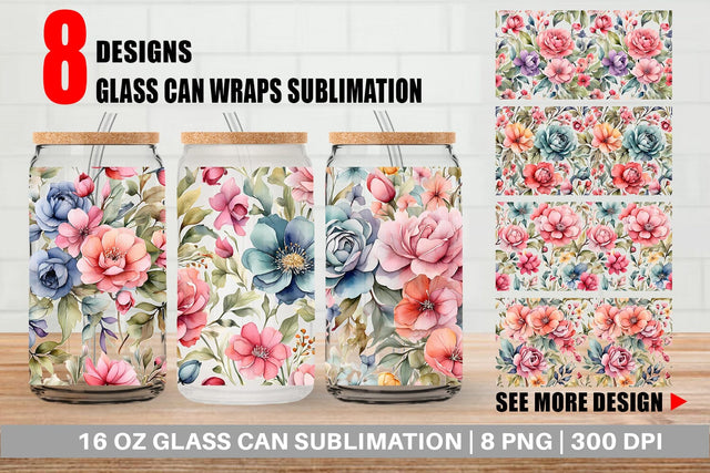 Glass Can Wrap Watercolor Spring Flower Sublimation artnoy 