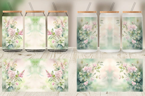 Glass Can Wrap Watercolor Spring Greenery Sublimation artnoy 