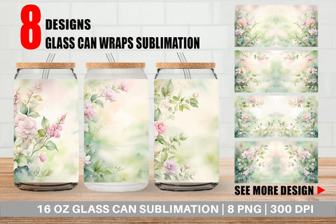 Glass Can Wrap Watercolor Spring Greenery Sublimation artnoy 
