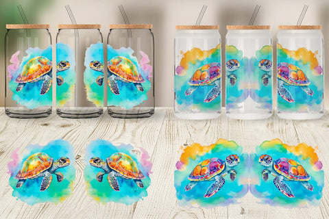 Glass Can Wrap Watercolor Turtle Sublimation artnoy 