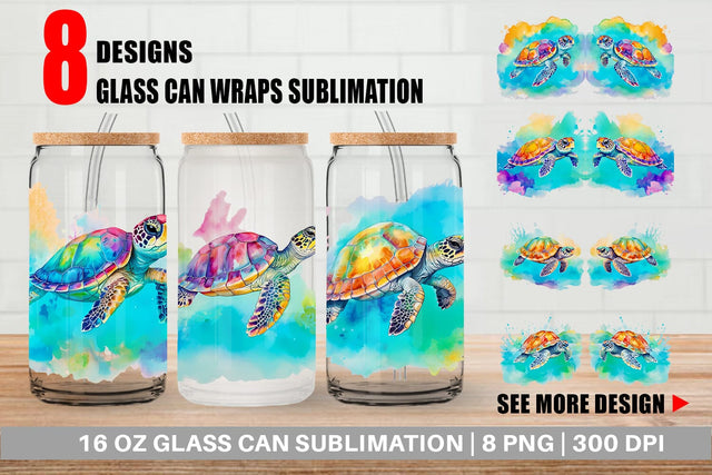 Glass Can Wrap Watercolor Turtle Sublimation artnoy 