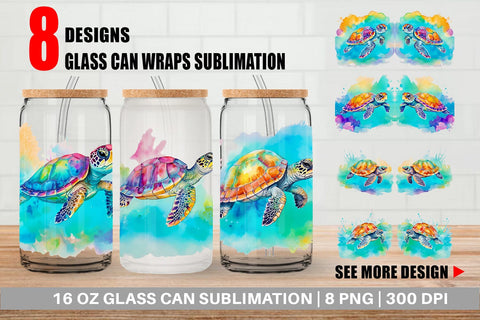 Glass Can Wrap Watercolor Turtle Sublimation artnoy 