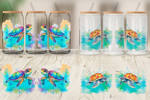 Glass Can Wrap Watercolor Turtle Sublimation artnoy 