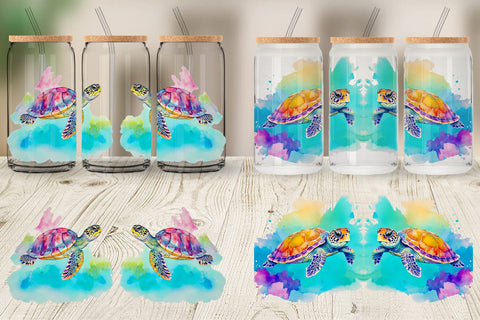 Glass Can Wrap Watercolor Turtle Sublimation artnoy 