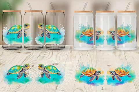Glass Can Wrap Watercolor Turtle Sublimation artnoy 