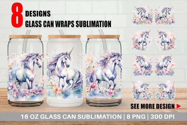 Glass Can Wrap Watercolor Unicorn Sublimation artnoy 