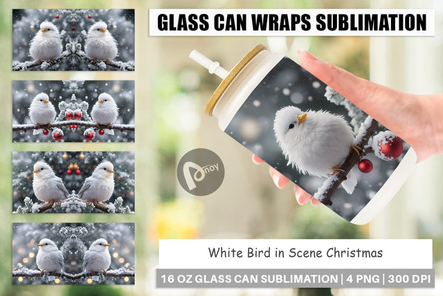 Glass Can Wrap White Bird Christmas Sublimation artnoy 