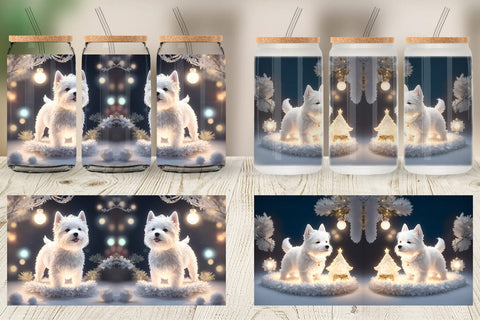 Glass Can Wrap White Dog Scene Christmas Sublimation artnoy 