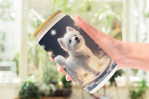 Glass Can Wrap White Dog Scene Christmas Sublimation artnoy 