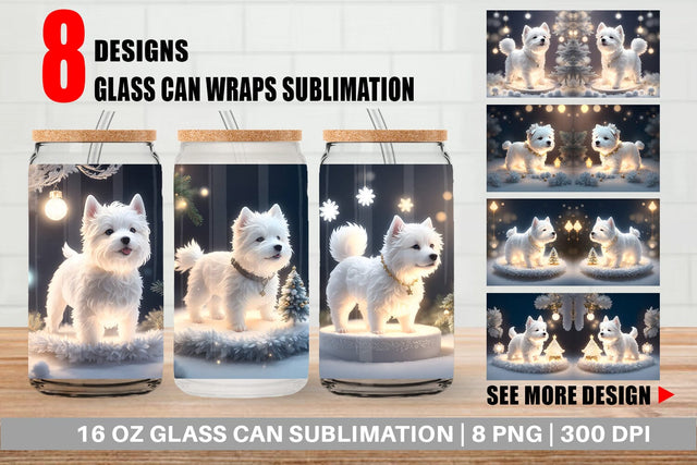 Glass Can Wrap White Dog Scene Christmas Sublimation artnoy 