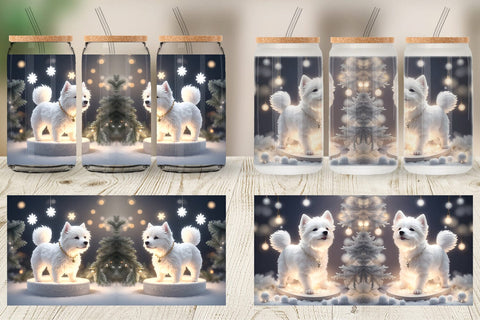 Glass Can Wrap White Dog Scene Christmas Sublimation artnoy 