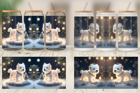 Glass Can Wrap White Dog Scene Christmas Sublimation artnoy 