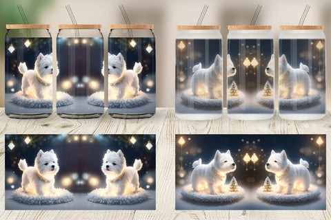 Glass Can Wrap White Dog Scene Christmas Sublimation artnoy 