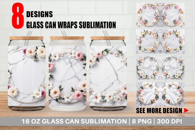 Glass Can Wrap White Marble with Flower Sublimation artnoy 