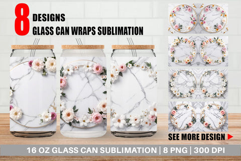 Glass Can Wrap White Marble with Flower Sublimation artnoy 