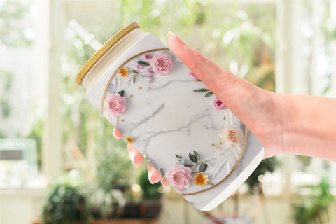 Glass Can Wrap White Marble with Flower Sublimation artnoy 