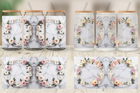 Glass Can Wrap White Marble with Flower Sublimation artnoy 