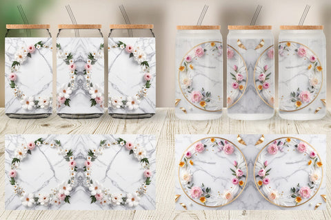 Glass Can Wrap White Marble with Flower Sublimation artnoy 