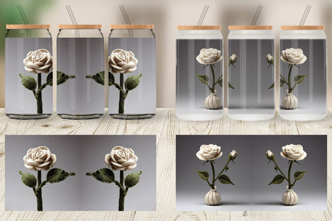Glass Can Wrap White Rose Embroidery Sublimation artnoy 