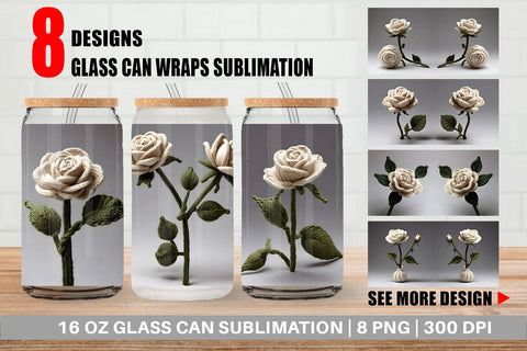 Glass Can Wrap White Rose Embroidery Sublimation artnoy 