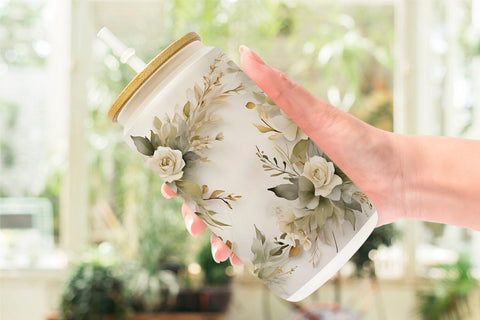 Glass Can Wrap White Wedding Flower Sublimation artnoy 