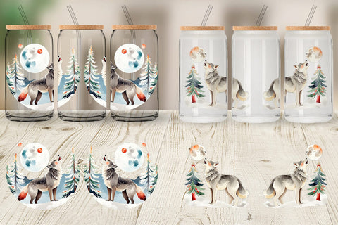 Glass Can Wrap Wolf Howling at Moon Sublimation artnoy 