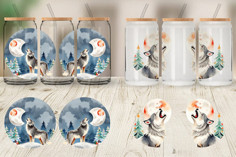 Glass Can Wrap Wolf Howling at Moon Sublimation artnoy 