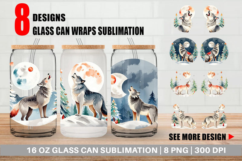 Glass Can Wrap Wolf Howling at Moon Sublimation artnoy 