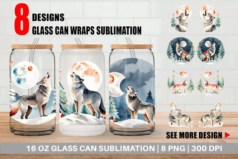 Glass Can Wrap Wolf Howling at Moon Sublimation artnoy 