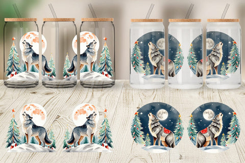 Glass Can Wrap Wolf Howling at Moon Sublimation artnoy 