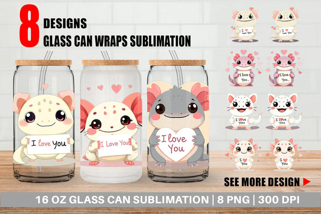 Glass Can Wraps Valentine Axolotl Cartoon Sublimation artnoy 
