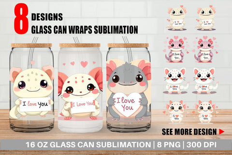Glass Can Wraps Valentine Axolotl Cartoon Sublimation artnoy 