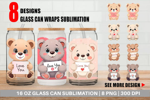 Glass Can Wraps Valentine Bear Cartoon Sublimation artnoy 