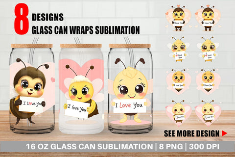 Glass Can Wraps Valentine Bee Cartoon Sublimation artnoy 