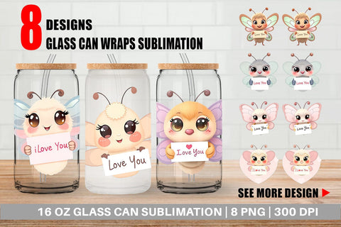 Glass Can Wraps Valentine Butterfly Cartoon Sublimation artnoy 
