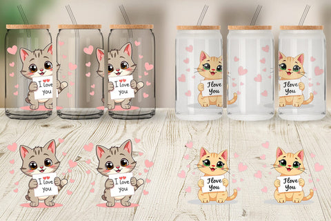 Glass Can Wraps Valentine Cat Cartoon Sublimation artnoy 